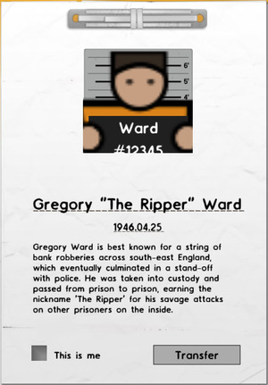 In-game screenshot showing the new custom prisoner's mugshot and bio in the name in the game list.